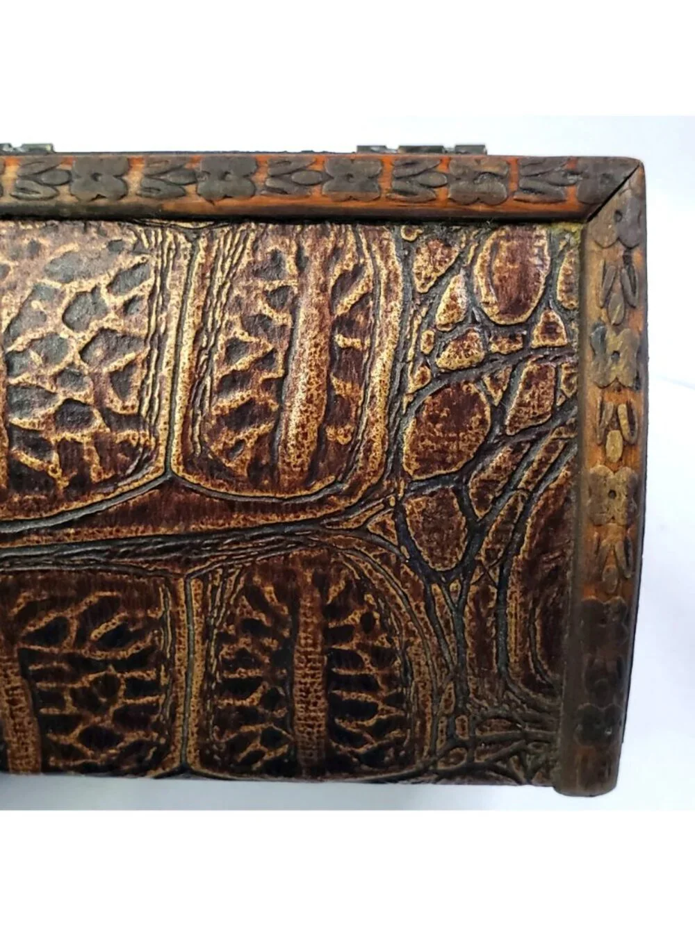 Vintage Wood & Faux Leather Carved Jewelry Treasure Chest Box With Metal Accents